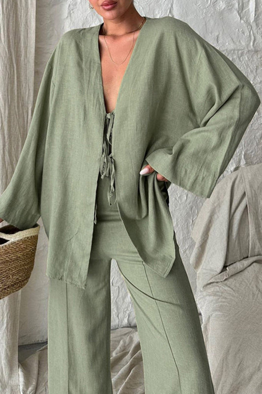 Tie-Front Long Sleeve Shirt and Loose Pants