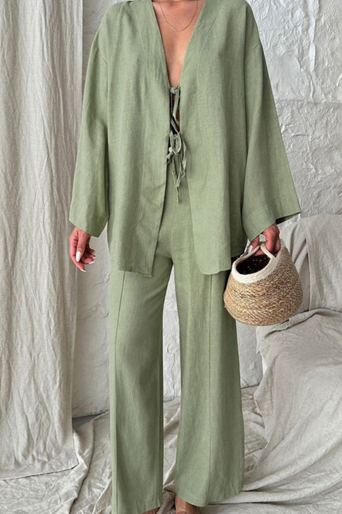 Women's tie-front long sleeve shirt and loose long pants with pockets