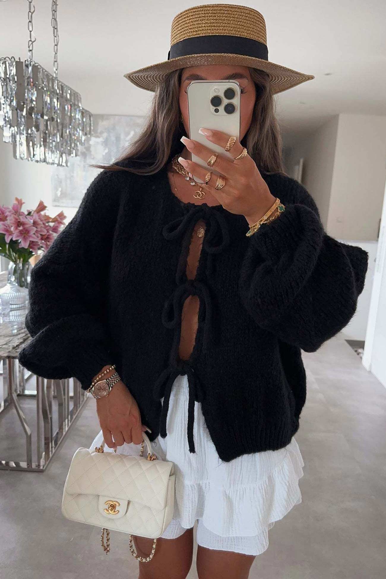 Women's tie-up lantern sleeve cardigan