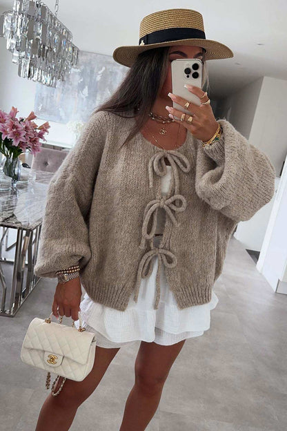 Women's tie-up lantern sleeve cardigan