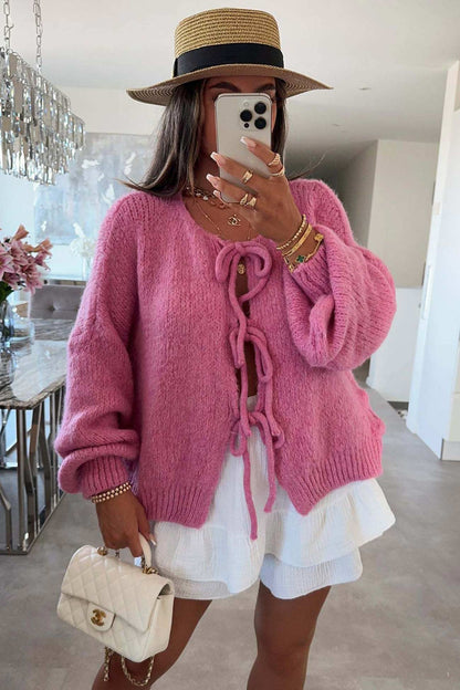 Women's tie-up lantern sleeve cardigan