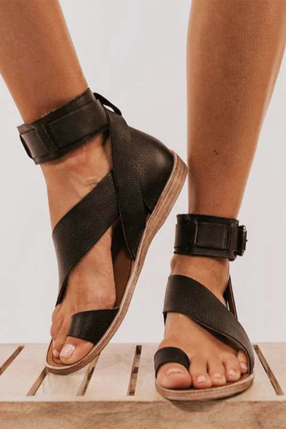 Women's Flat Sandals - Textured Leather - Crisscross Straps - Adjustable Ankle Strap