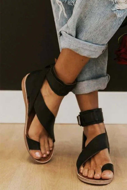 Women's Flat Sandals - Textured Leather - Crisscross Straps - Adjustable Ankle Strap
