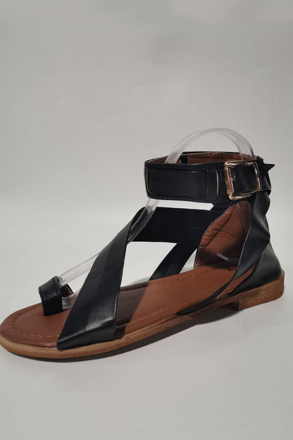 Women's Flat Sandals - Textured Leather - Crisscross Straps - Adjustable Ankle Strap