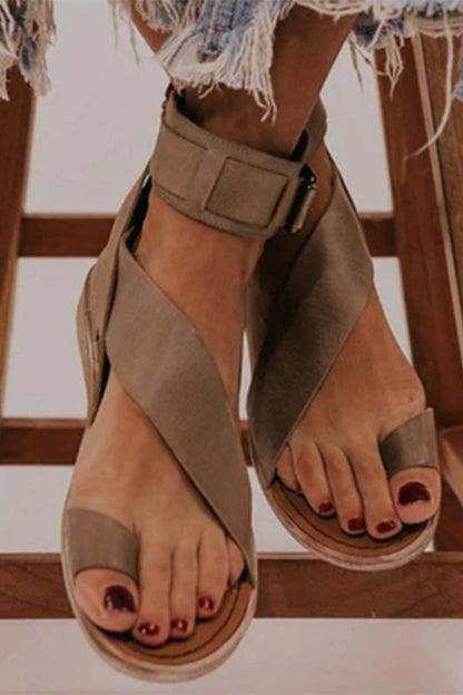 Women's Flat Sandals - Textured Leather - Crisscross Straps - Adjustable Ankle Strap