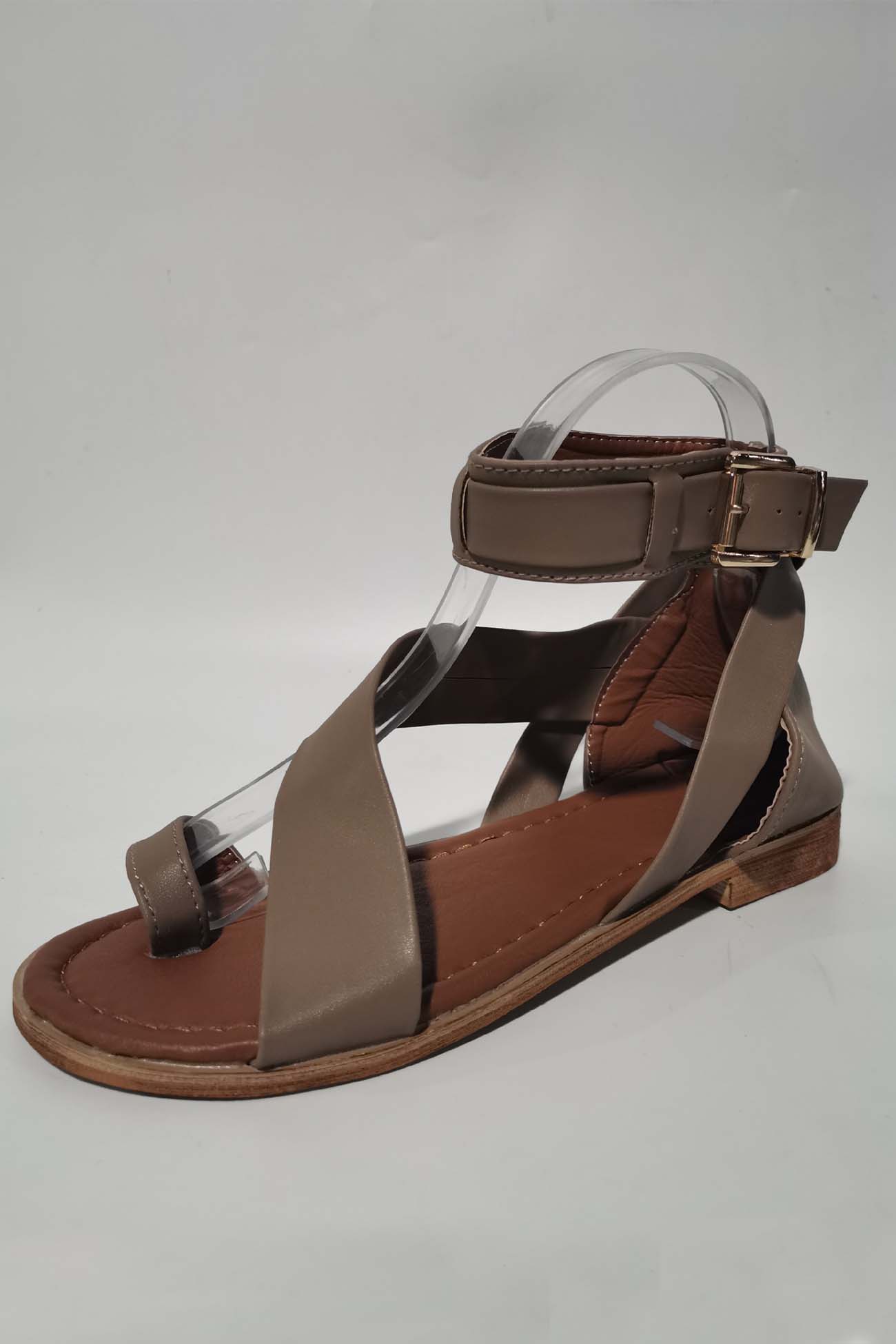 Women's Flat Sandals - Textured Leather - Crisscross Straps - Adjustable Ankle Strap
