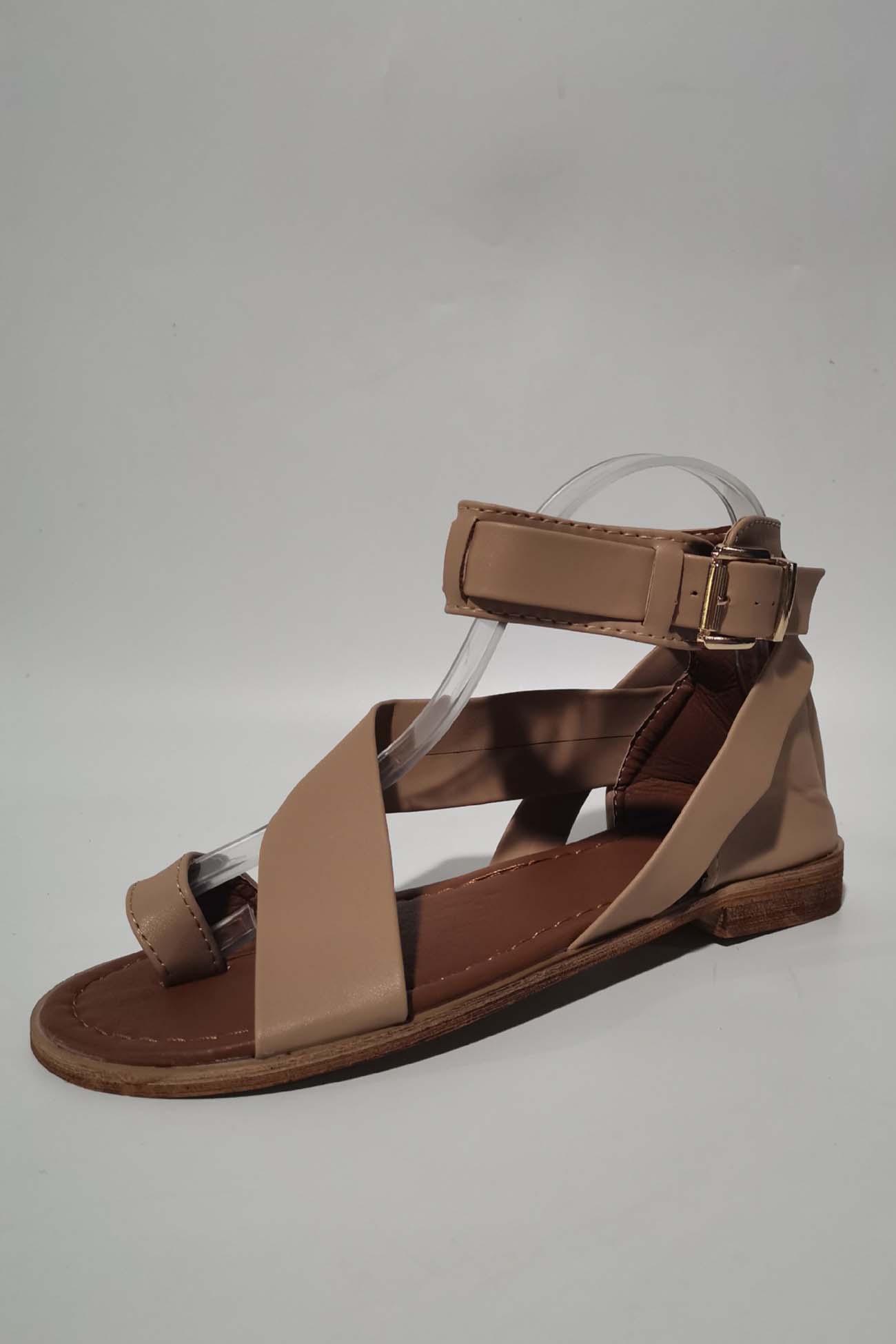 Women's Flat Sandals - Textured Leather - Crisscross Straps - Adjustable Ankle Strap