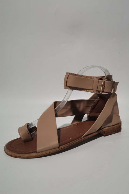 Women's Flat Sandals - Textured Leather - Crisscross Straps - Adjustable Ankle Strap