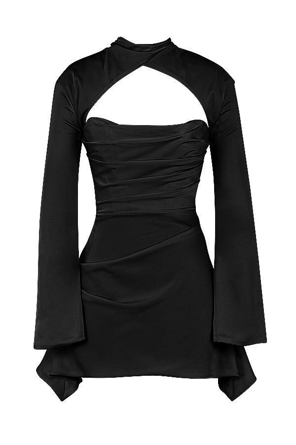 Satin Finish Fitted Long Sleeve Mini Dress