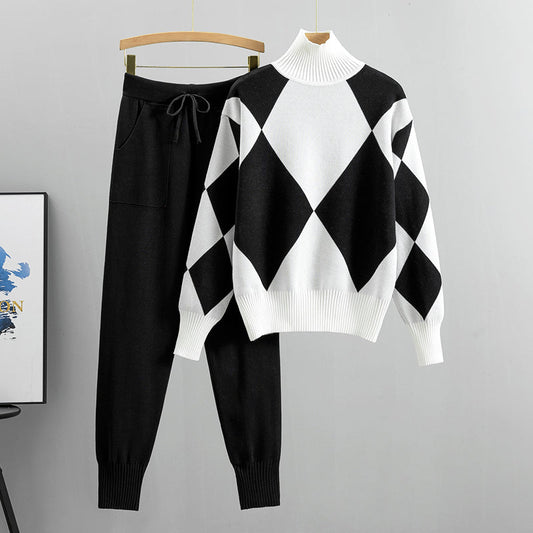 Knitted Plaid Two-Piece Casual Suit