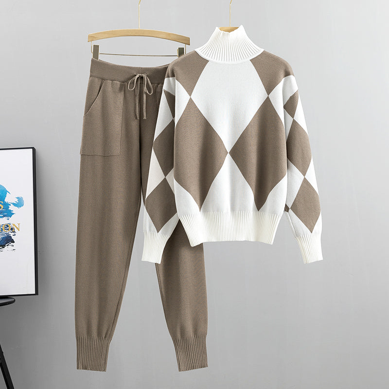 Women's autumn winter casual knitted plaid two-piece suit