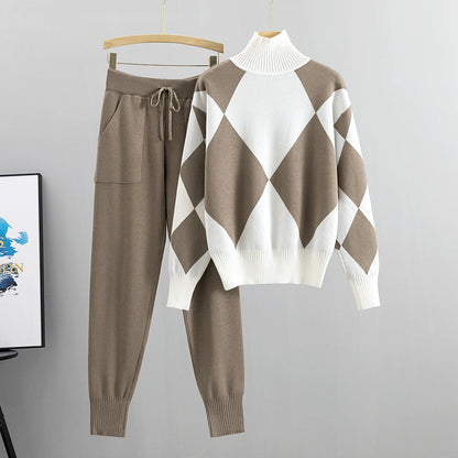 Women's autumn winter casual knitted plaid two-piece suit