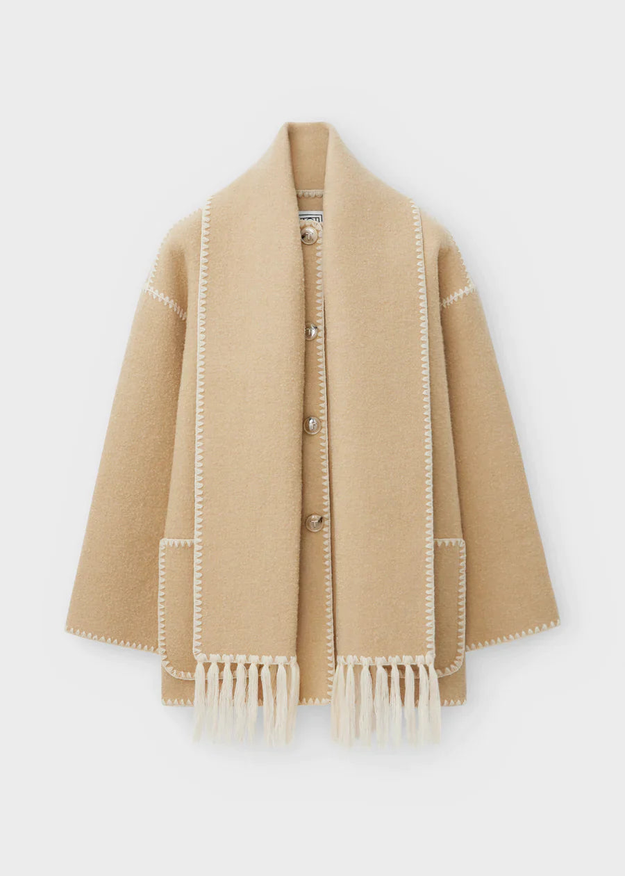 Women’s Wool Coat - Oversized Fit - Fringe Trim - Button-Up with Matching Scarf