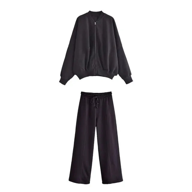 Women's zipper flannel bomber jacket pants set