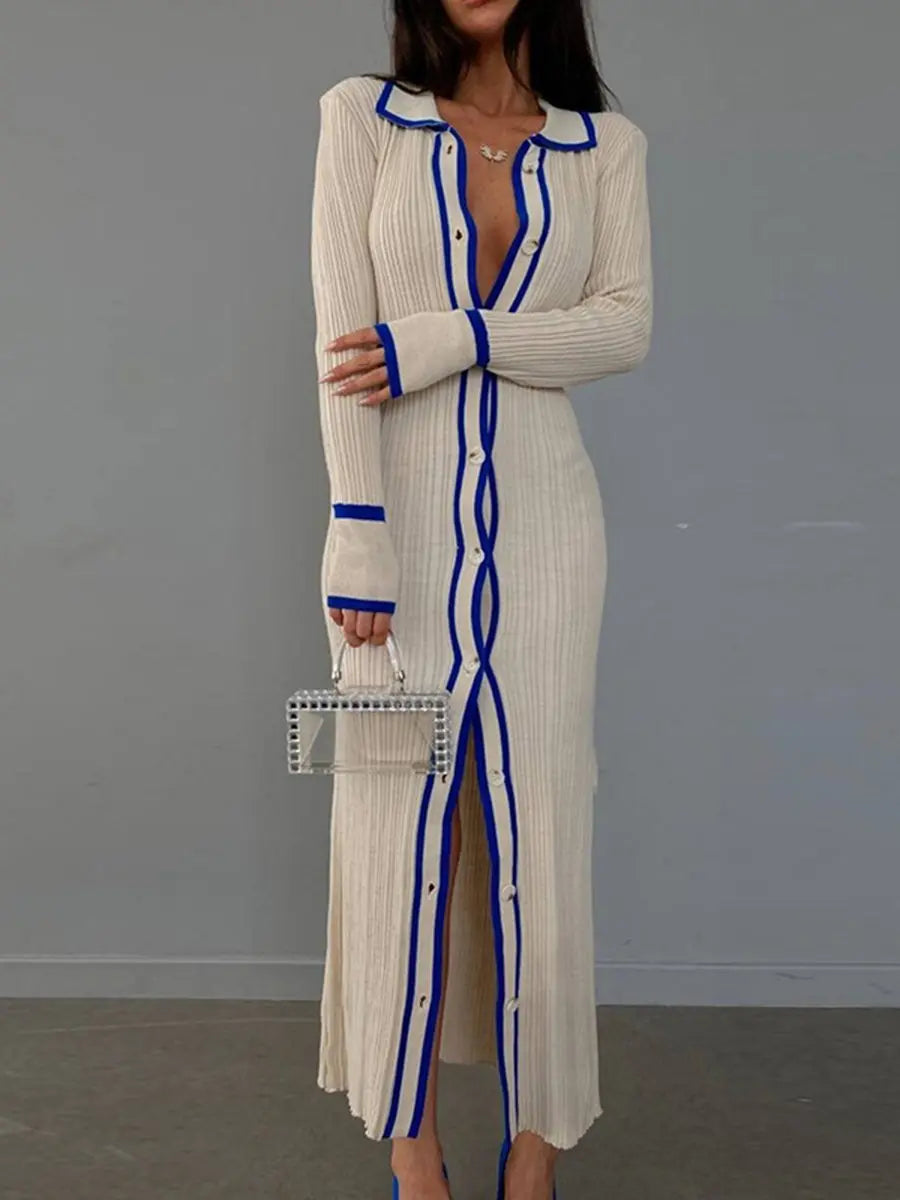 Women's Ribbed Knit Dress - Button Down - Long Sleeve - Form-Fitting - Shirt Collar