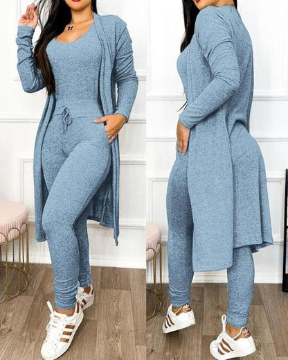 Women's Lounge Set - Fitted Tank Top & High-Waisted Leggings - Long Sleeve Cardigan