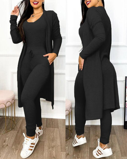 Women's Lounge Set - Fitted Tank Top & High-Waisted Leggings - Long Sleeve Cardigan