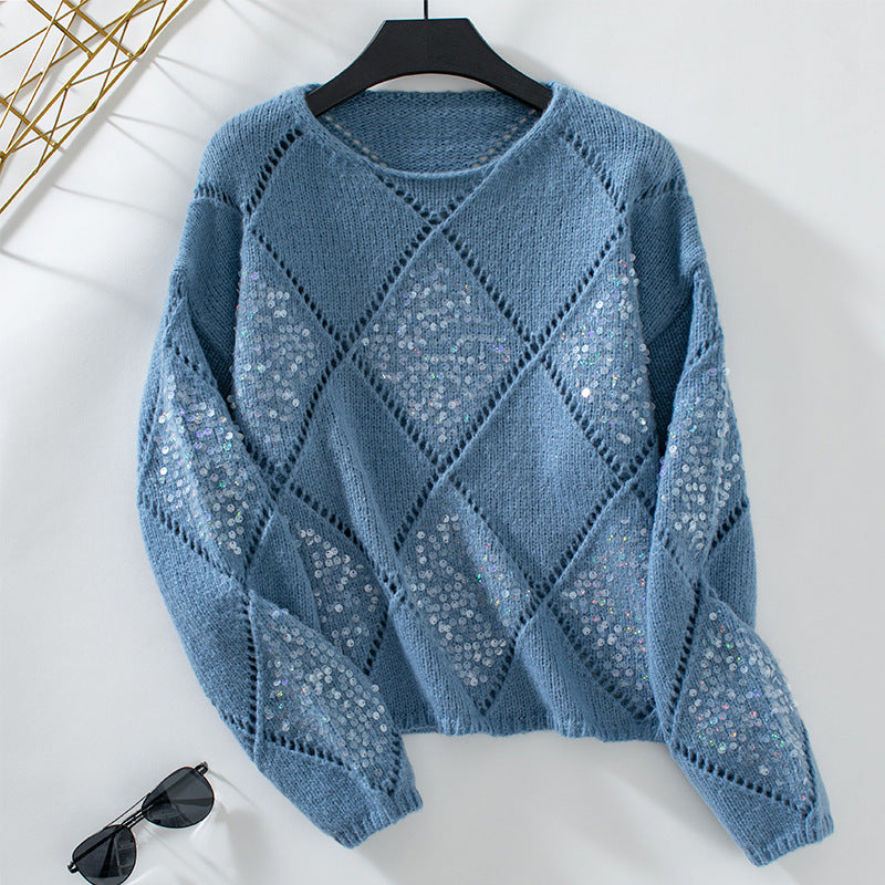 Loose pullover knitted sweater with diamond pattern for women