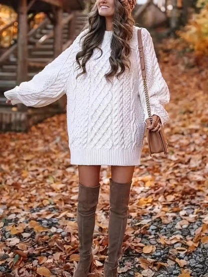 Women’s Sweater Dress – Oversized Fit – Cable Knit Wool Blend – Mini Length – Long Sleeve