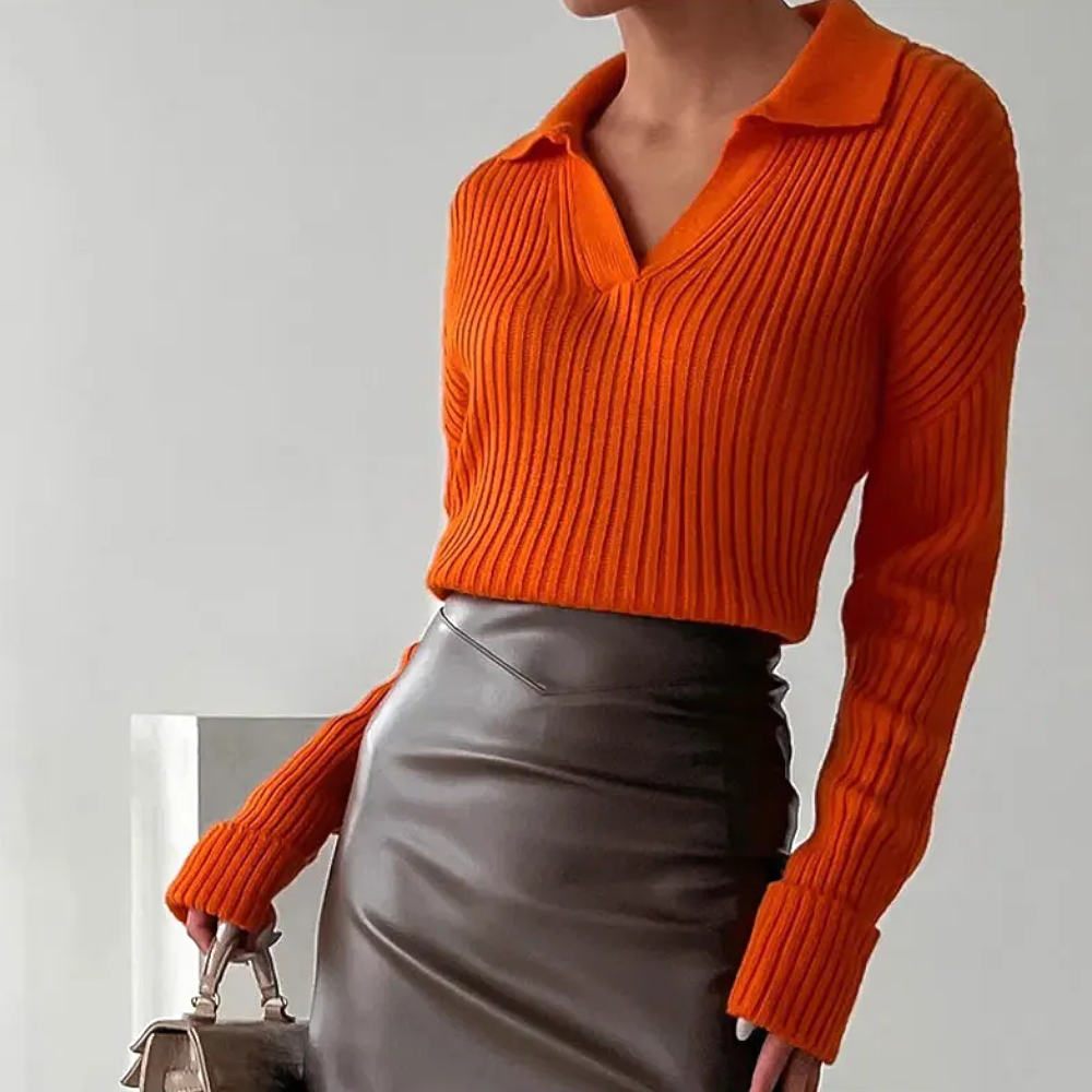 Women's elegant ribbed v-neck collared sweater