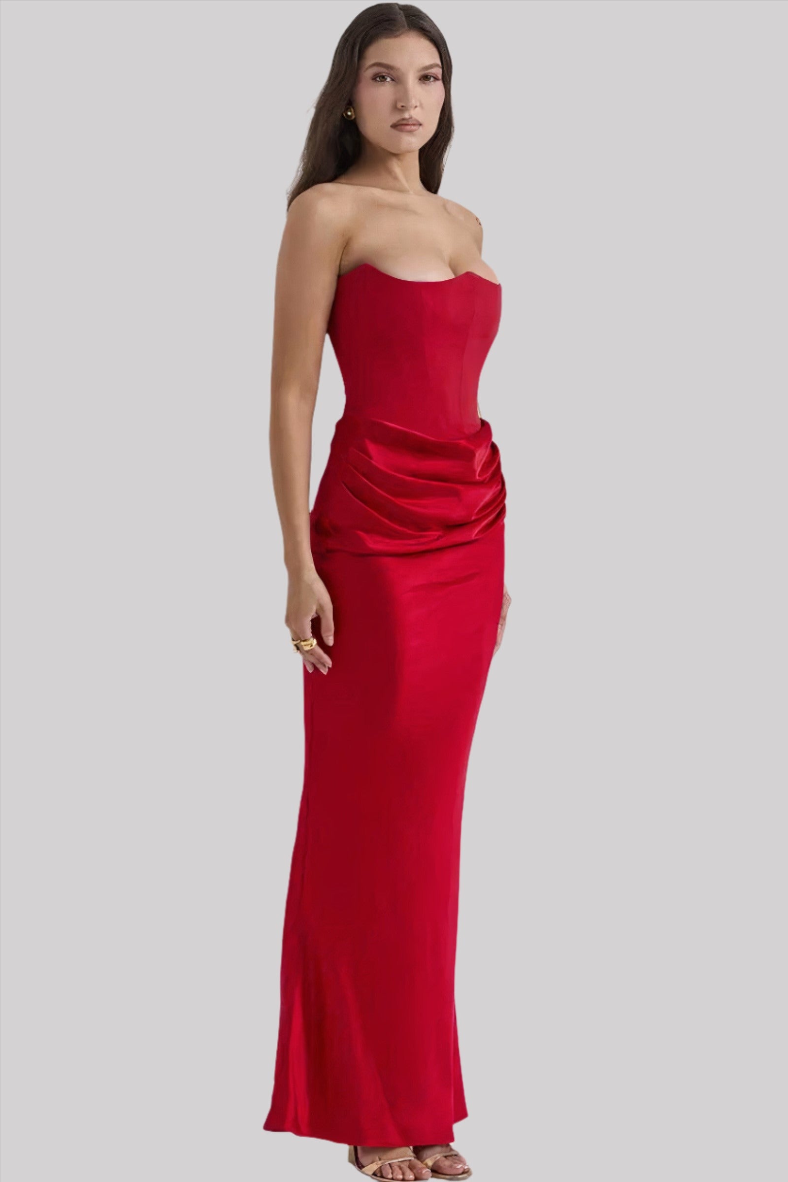 Strapless Draped Satin Maxi Dress