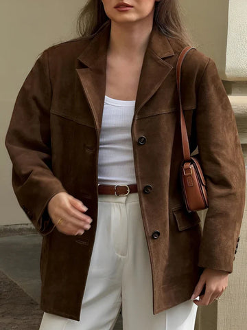 Retro suede brown lapel blazer with pockets & button closure