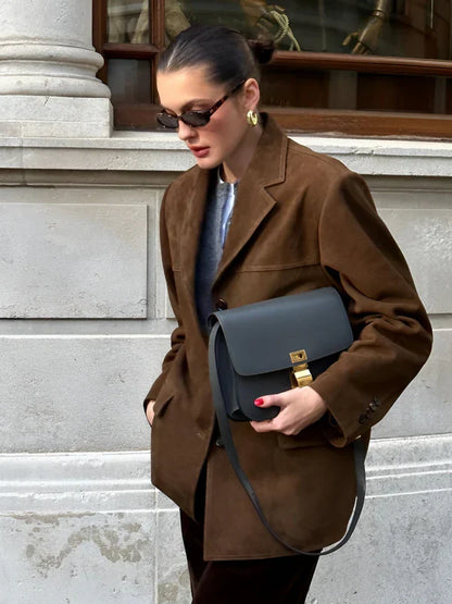 Retro brown lapel blazer with pockets & button closure