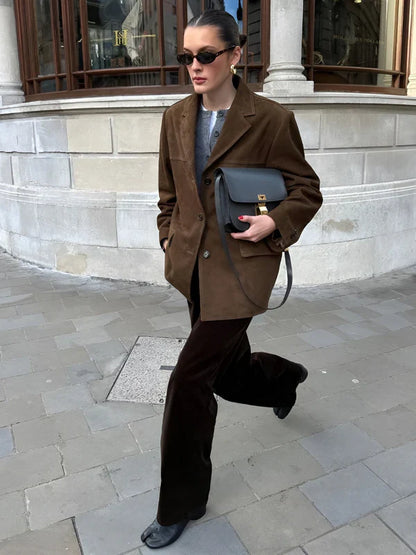 Retro brown lapel blazer with pockets & button closure