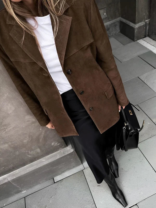 Retro suede brown lapel blazer with pockets & button closure