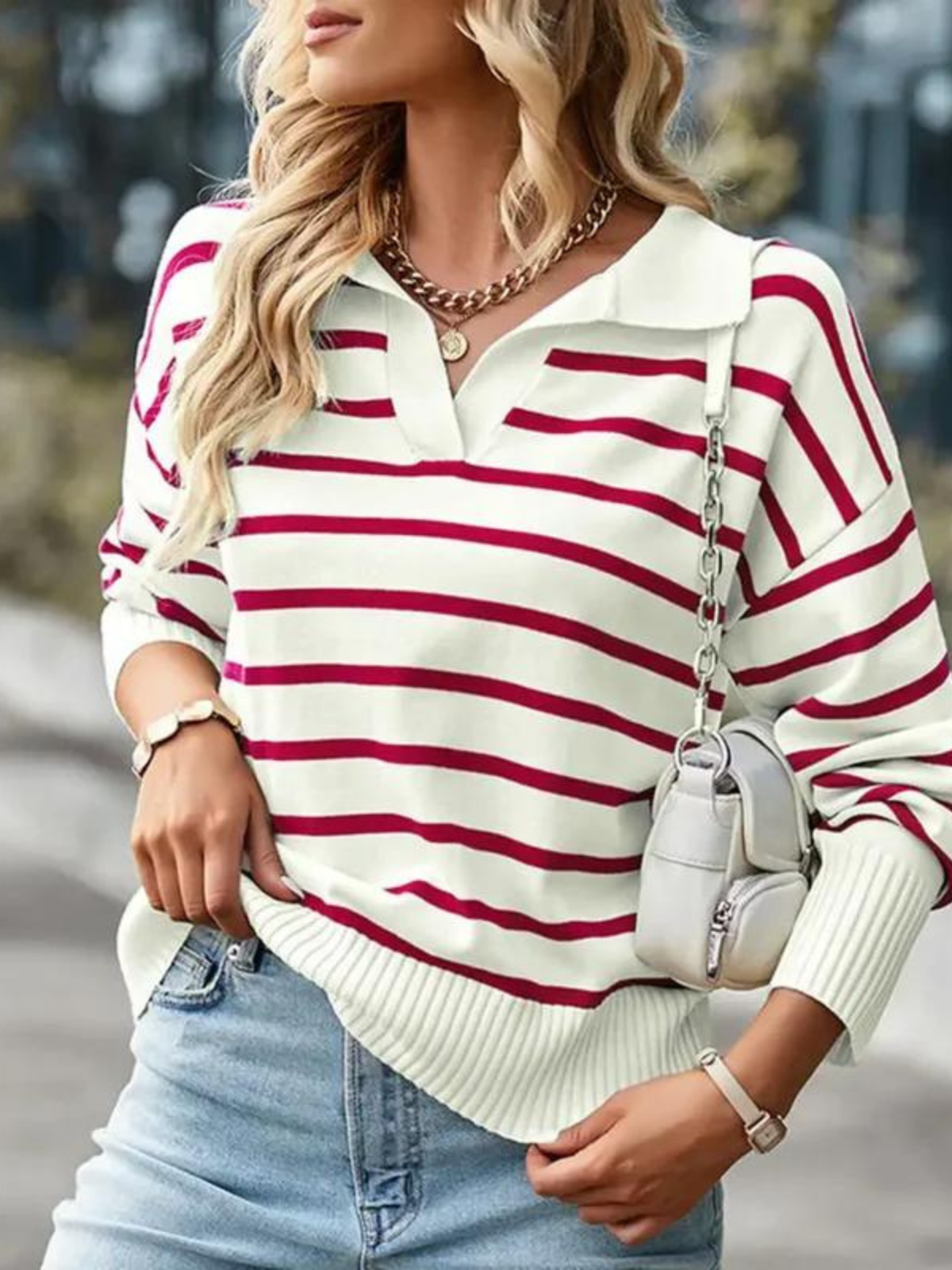 Women’s Knit Sweater – Striped Design – Polo Collar – Long Sleeve Ribbed Trim