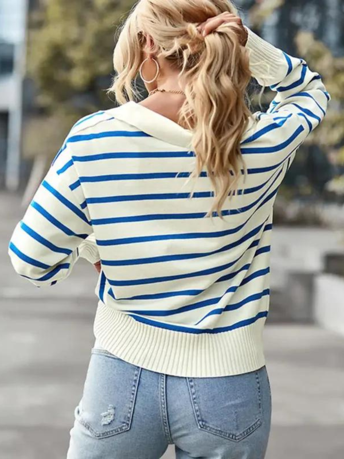 Women’s Knit Sweater – Striped Design – Polo Collar – Long Sleeve Ribbed Trim
