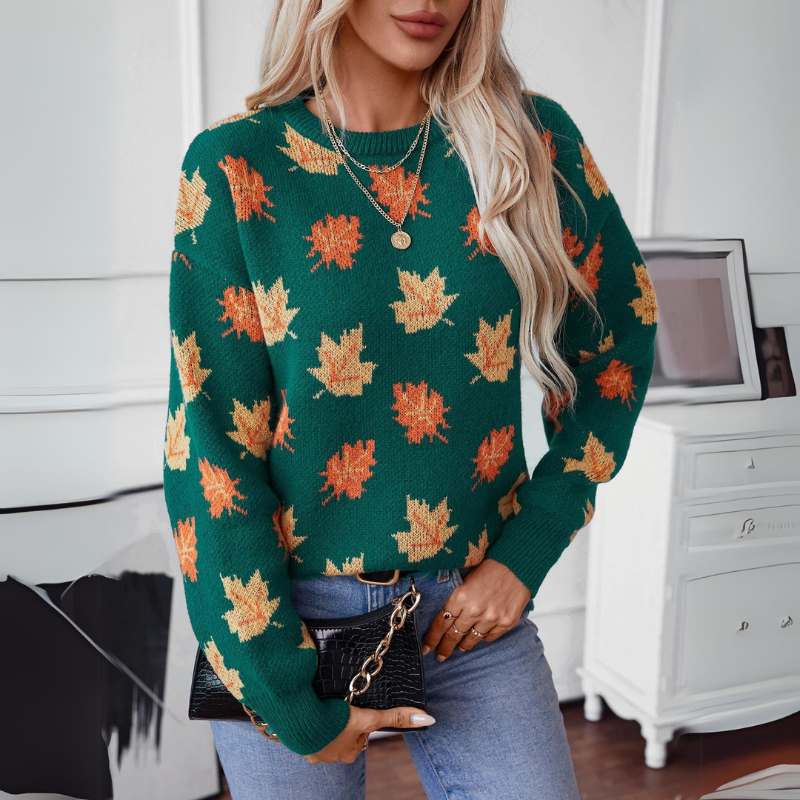 Women's autumn leaves print round neck sweater