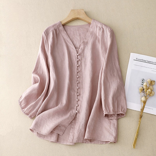 Lightweight Button-Up V-Neck Blouse