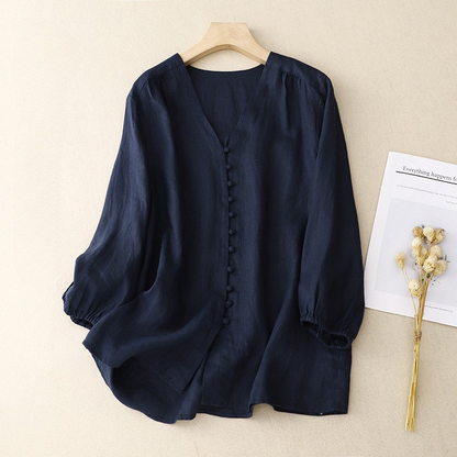 Women's Blouse - Lightweight - V-Neck - Button-Up Long Sleeve