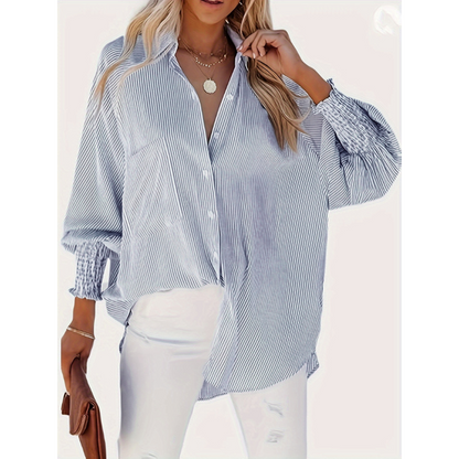 Women's Button-Down Shirt - Oversized Fit - Pinstripe Long Sleeve - Classic Collar