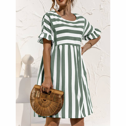Women's Dress - Striped A-Line - Short Flared Sleeves - Knee-Length Casual Fit