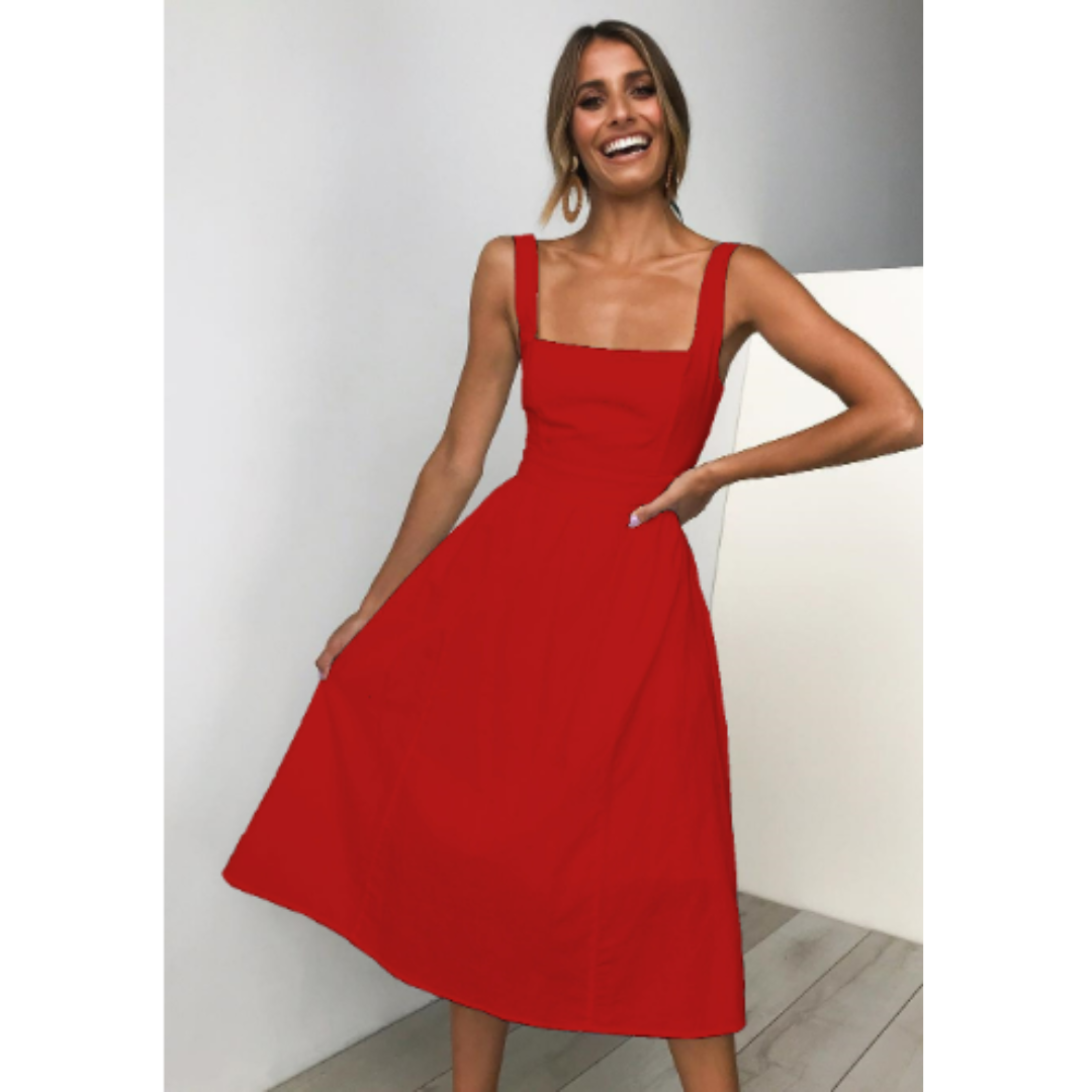 Elegant Square Neck A-Line Midi Dress