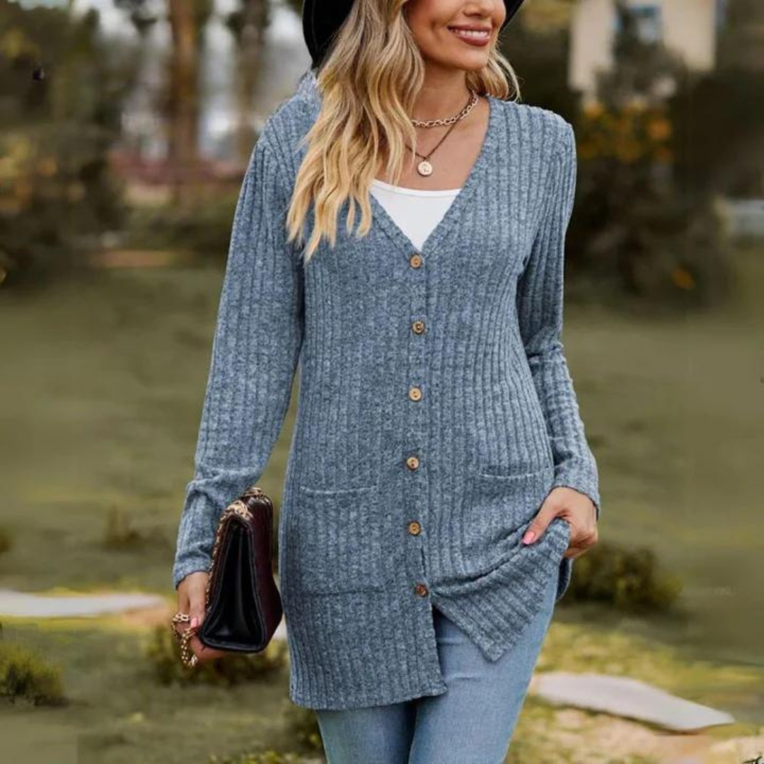 Women's long sleeved cardigan with V-neck