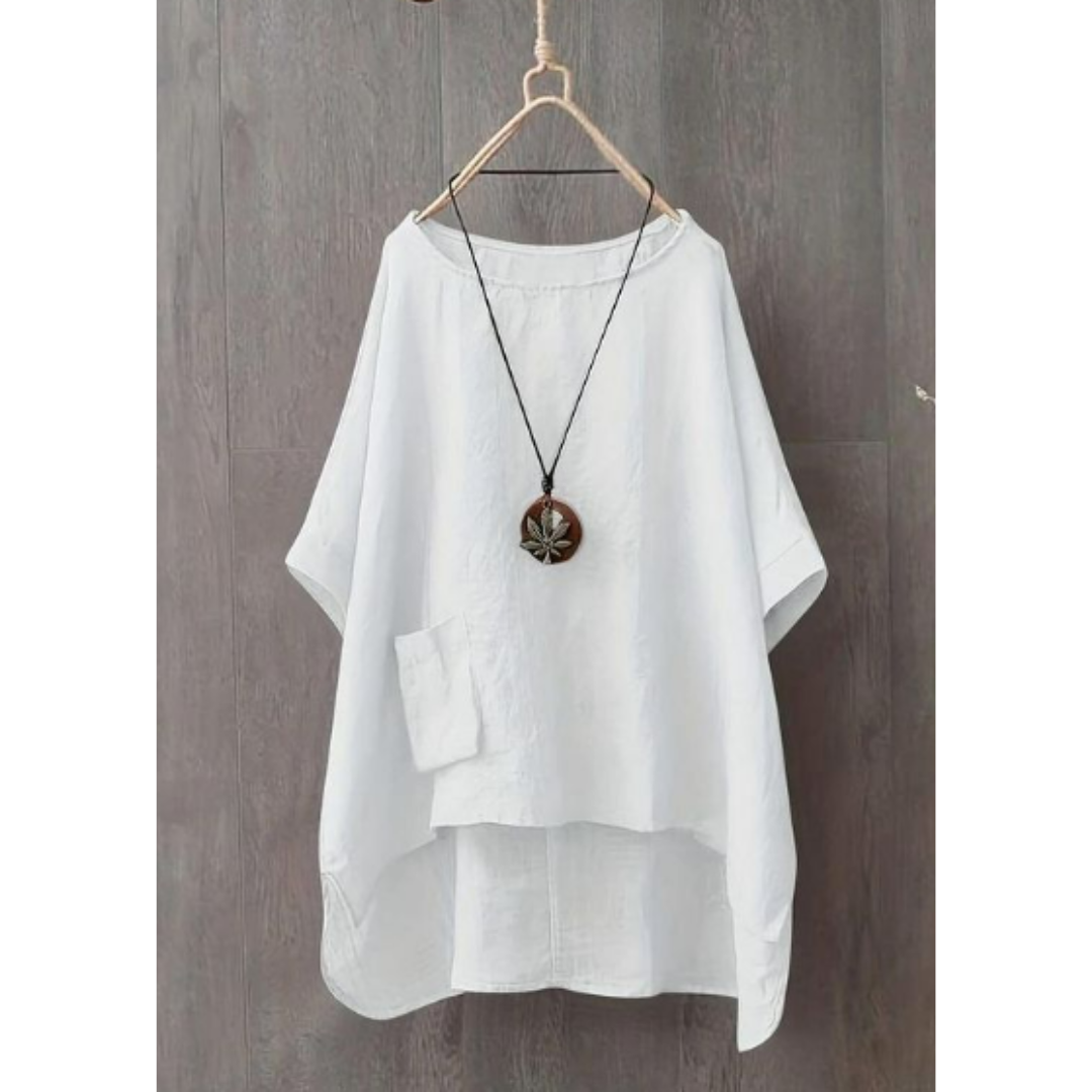 Women's Linen Tunic Top - Relaxed Fit - High-Low Hem - 3/4 Sleeve Lightweight Linen Blend