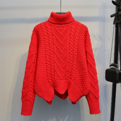 Women's loose twist top turtleneck sweater thick pullover