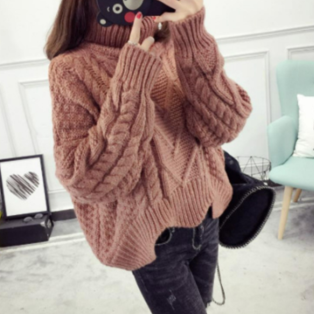 Women's loose twist top turtleneck sweater thick pullover