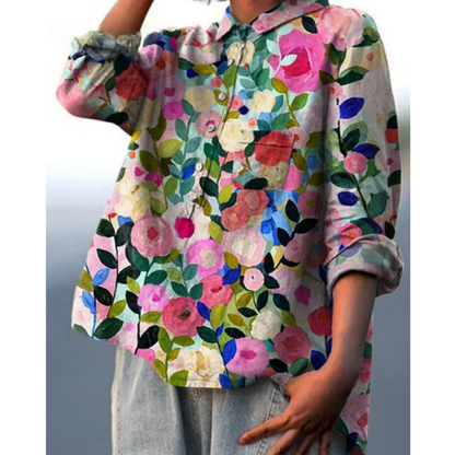 Women’s Blouse – Relaxed Fit – Floral Print – Natural Fibers – Button Front – Tunic Length