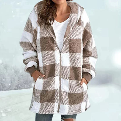 Women’s Sherpa Jacket – Hooded Long Fit – Zip Front – Plaid Fleece – Casual Outerwear