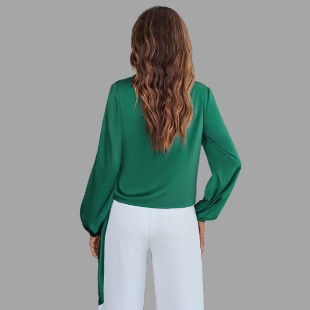Women's Wrap Blouse - V-Neck - Long Sleeve - Asymmetrical Hem - Tie Detail