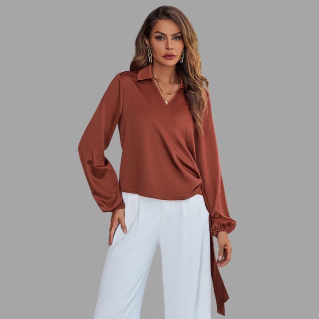 Women's Wrap Blouse - V-Neck - Long Sleeve - Asymmetrical Hem - Tie Detail