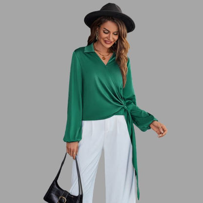Women's Wrap Blouse - V-Neck - Long Sleeve - Asymmetrical Hem - Tie Detail