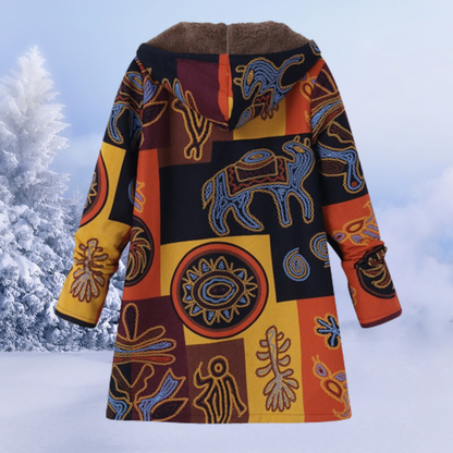 Women's retro print color block plush hooded zipper coat