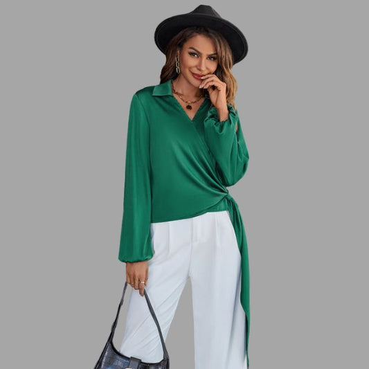 Women's Wrap Blouse - V-Neck - Long Sleeve - Asymmetrical Hem - Tie Detail