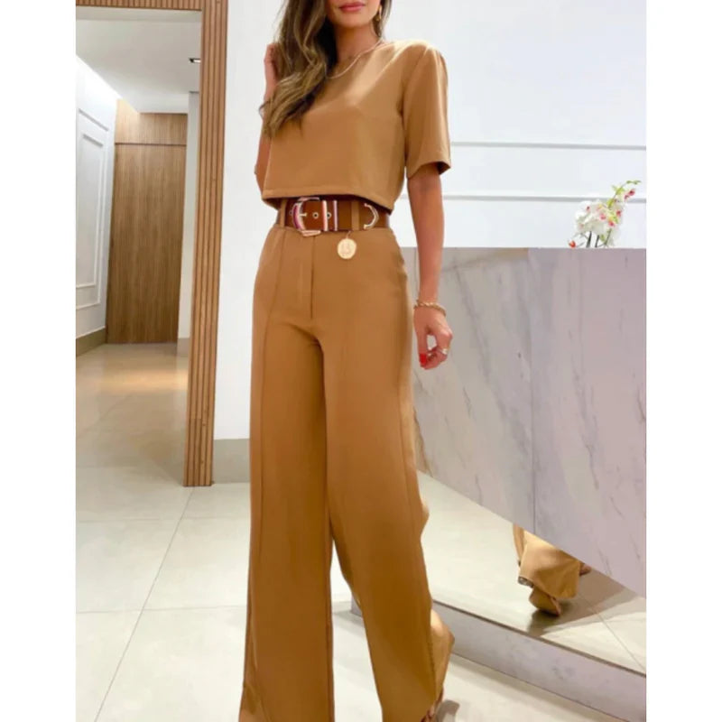 Women's summer short-sleeved cropped top wide leg pants set