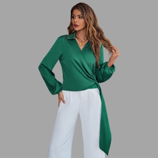 Women's Wrap Blouse - V-Neck - Long Sleeve - Asymmetrical Hem - Tie Detail